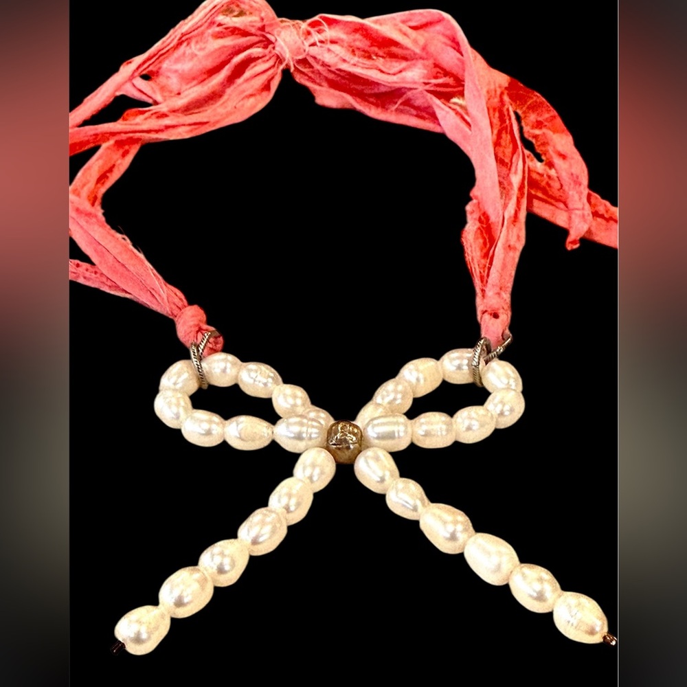 Pearl Bow and Pink Ribbon Necklace